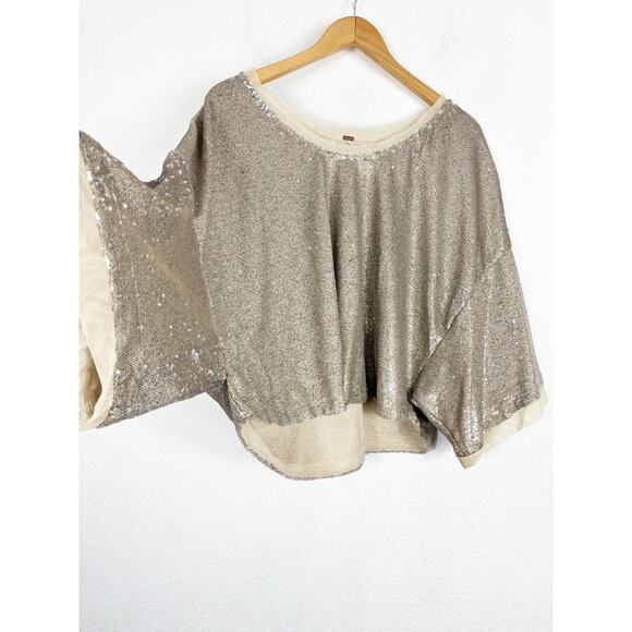 Free People Champagne Dreams Tee Small Neutral Gold Sequin Oversized Cropped - Picture 11 of 13